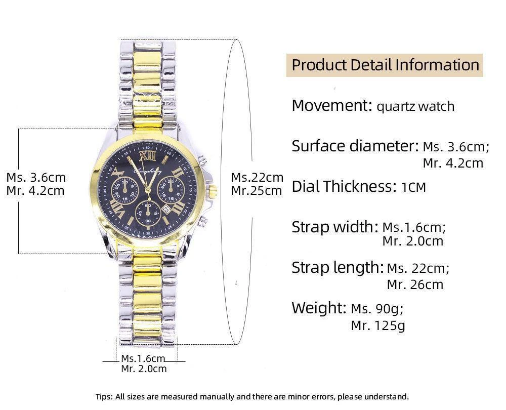 ETERNAL LOVE FOREVERMORE COUPLE 4in1 TITANIUM STEEL FASHION GIFT SET (Male & Female Watches + Chain Bracelets) - GOLD/SILVER BLEND