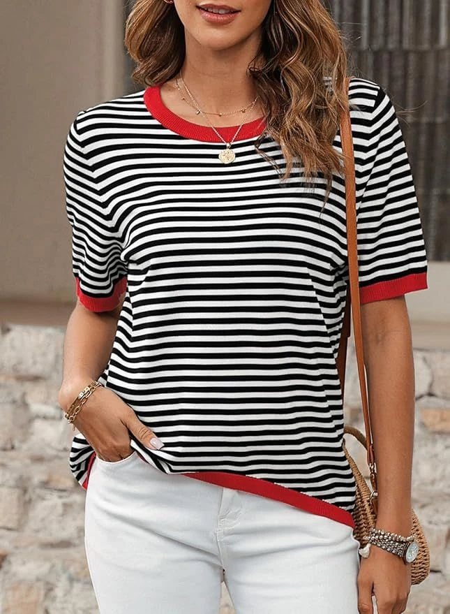 Women's Casual Blend T-Shirt Short Puff Sleeve Crew Neck Striped T Shirts Summer Tops