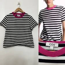 Women's Casual Blend T-Shirt Short Puff Sleeve Crew Neck Striped T Shirts Summer Tops