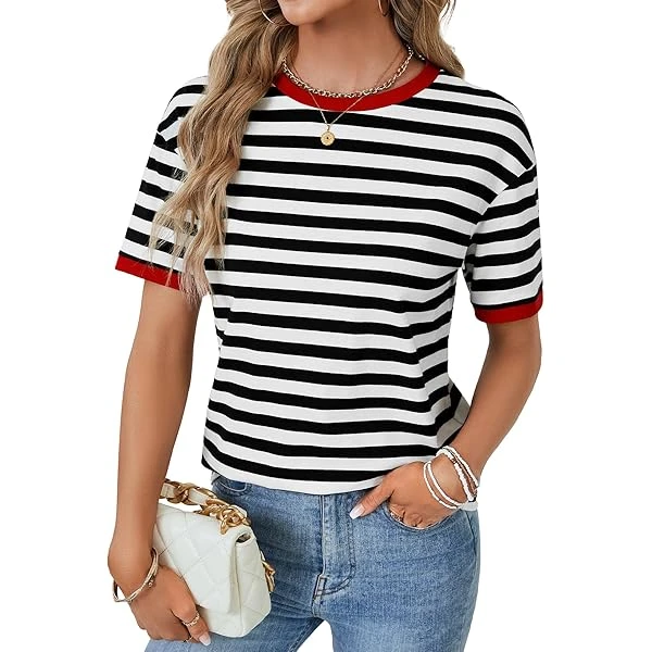 Women's Casual Blend T-Shirt Short Puff Sleeve Crew Neck Striped T Shirts Summer Tops