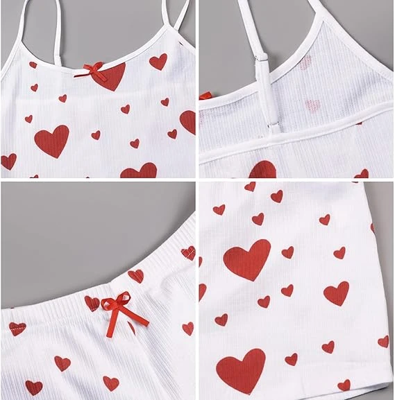 Womens Love Heart Graphic 2 Piece Pajama Set Summer Cute Crop Cami and Shorts Pajamas Set Sleepwear for Valentine Gift Cute Heart Print Two-Piece Pajama Set