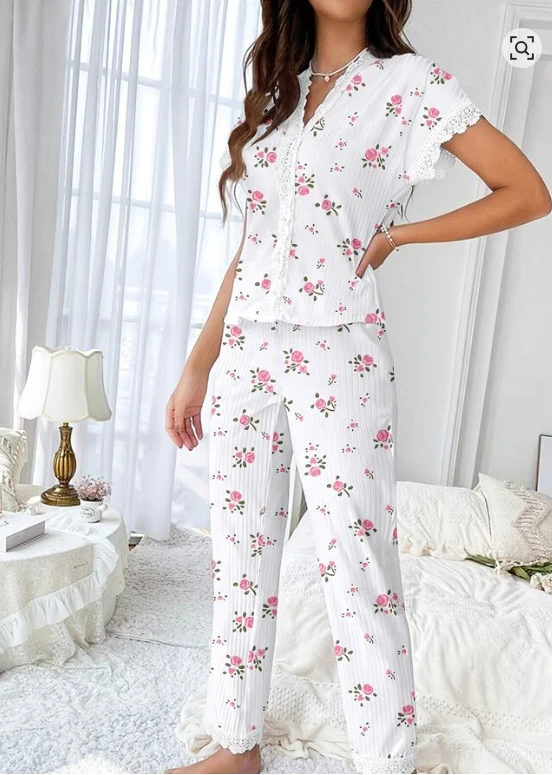 Lounge Cherry Print Women's Pajama Set - Lace Trim Top And Slim Fit Pants, 2 Pieces Sleepwear Nightwear Homewear