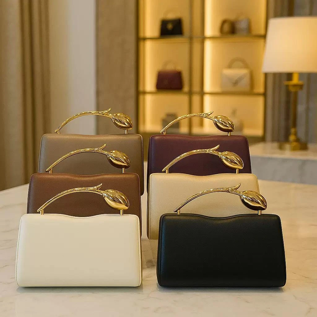 Lux Chic Grab Clutch💕🥰 Stylish PU Tote Handbag Unique Metal Rose Luxury Party Clutch Bag Trapeze Shape Valentine's Day Wedding Bag Erdem Bloom Medium leather tote bag