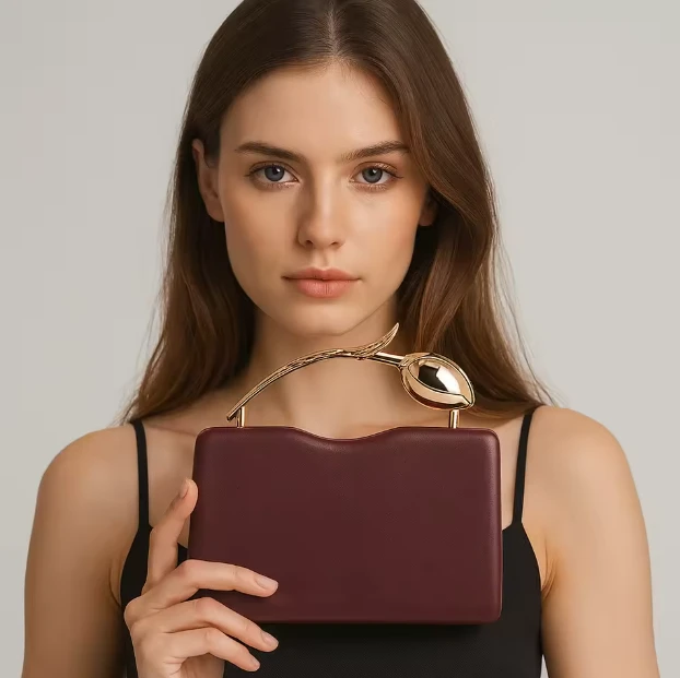 Lux Chic Grab Clutch💕🥰 Stylish PU Tote Handbag Unique Metal Rose Luxury Party Clutch Bag Trapeze Shape Valentine's Day Wedding Bag Erdem Bloom Medium leather tote bag