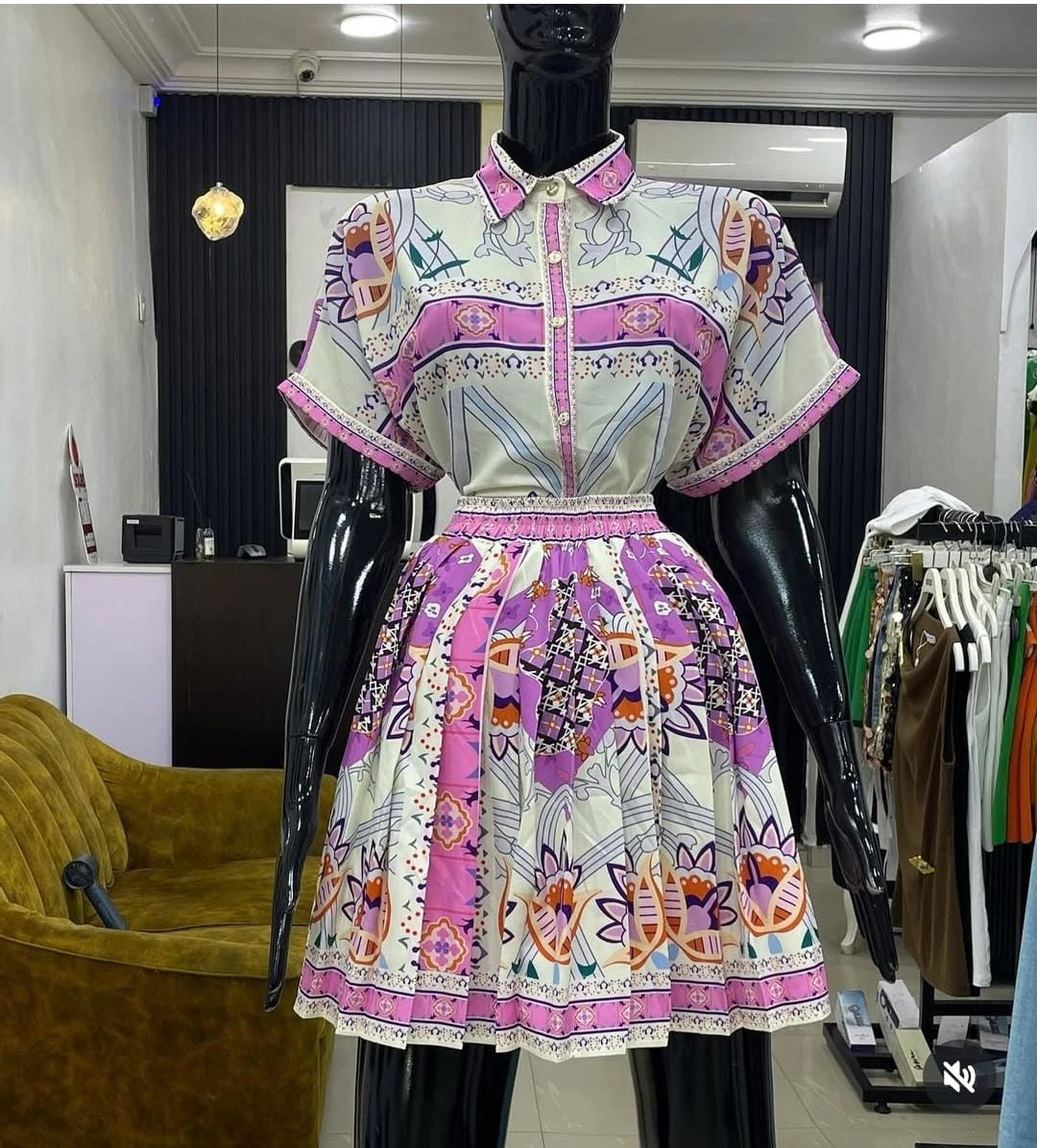 Cerrado Stamps Cream Short Sleeve Mini Dress