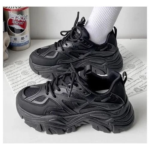 Black Platform Goth Chunky Sneakers Lace Up Fashion Wedge Heel Black Dad Shoes