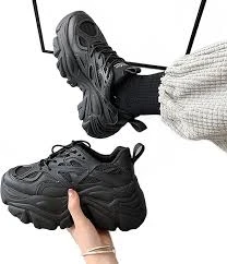 Black Platform Goth Chunky Sneakers Lace Up Fashion Wedge Heel Black Dad Shoes