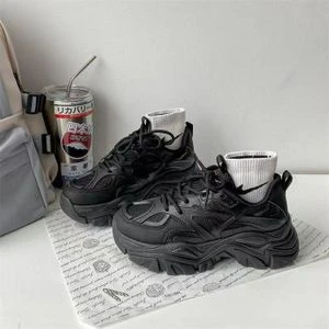Black Platform Goth Chunky Sneakers Lace Up Fashion Wedge Heel Black Dad Shoes