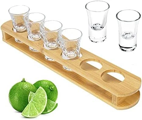 2PCS Stylish Wooden Bamboo Rack and Six clear Tequila Shot Glasses Rack Holder with 6 Glass
