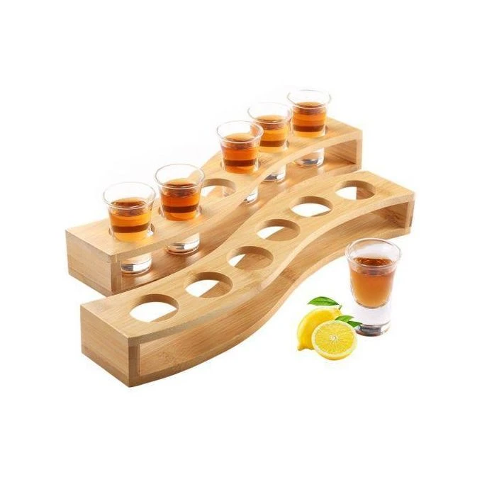 2PCS Stylish Wooden Bamboo Rack and Six clear Tequila Shot Glasses Rack Holder with 6 Glass