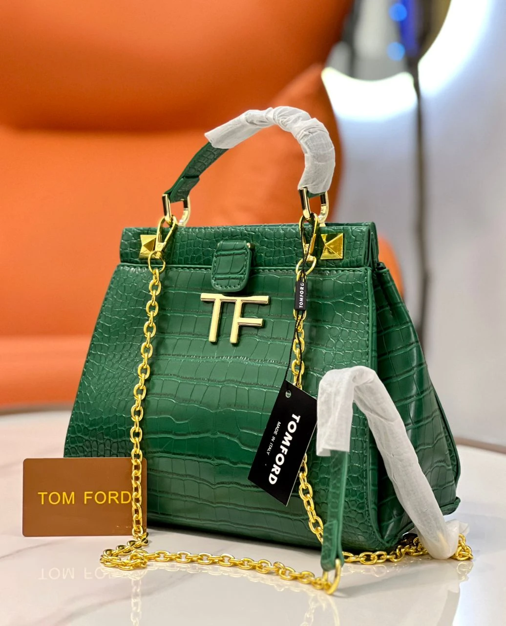 SHINY STAMPED CROCODILE LEATHER TF MAXI CHAIN MINI BAG Tom Ford Ladies Hand Bag