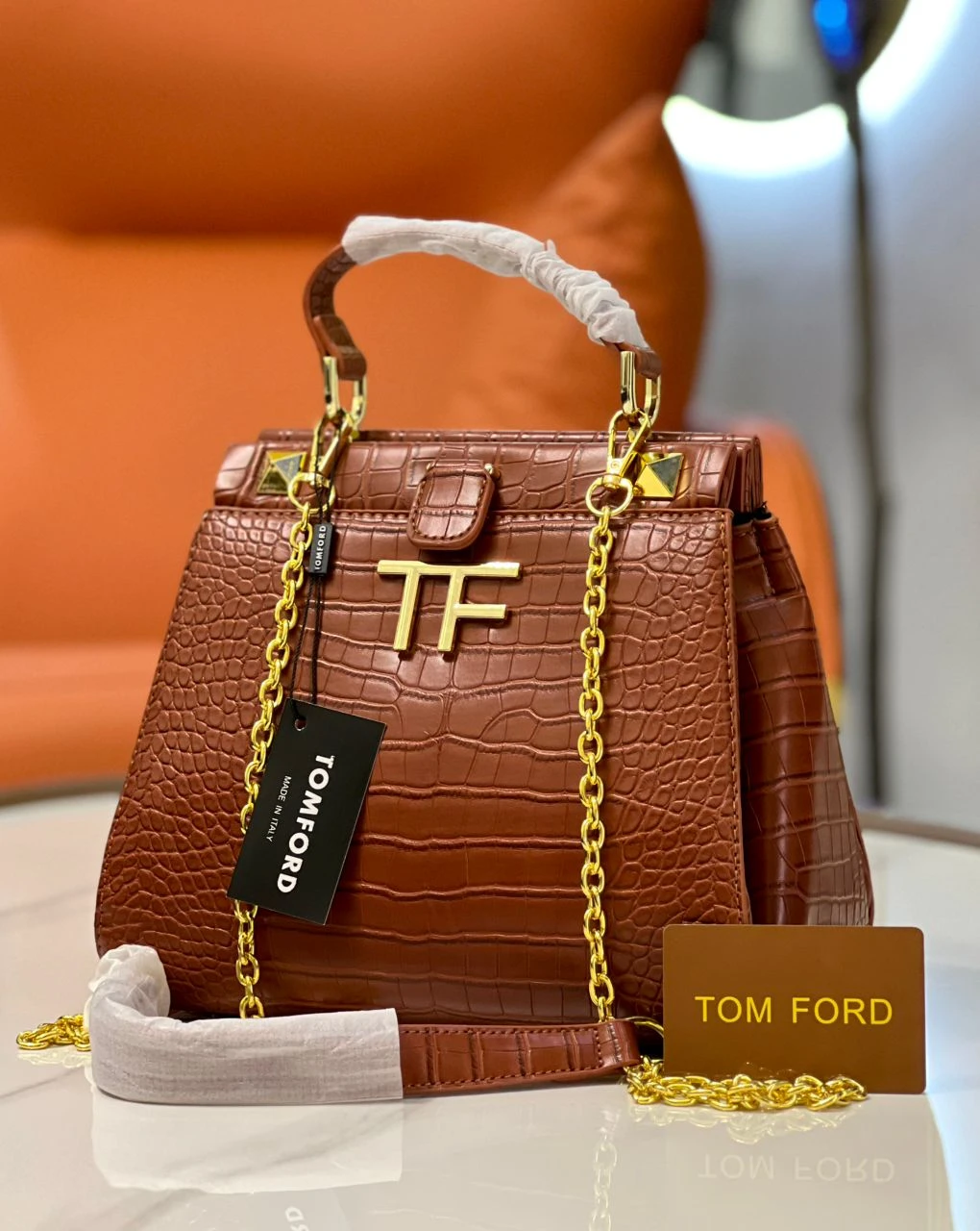 SHINY STAMPED CROCODILE LEATHER TF MAXI CHAIN MINI BAG Tom Ford Ladies Hand Bag