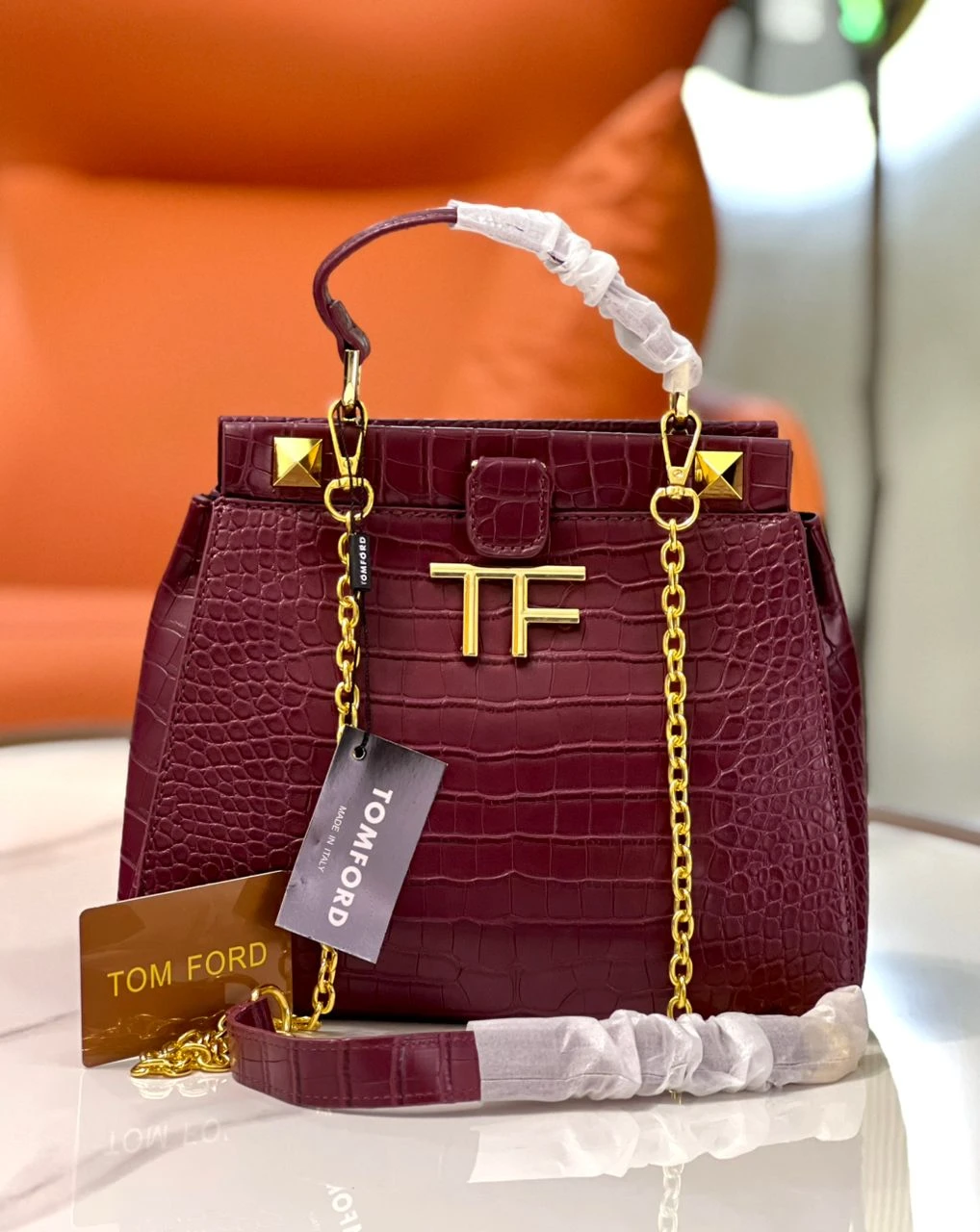 SHINY STAMPED CROCODILE LEATHER TF MAXI CHAIN MINI BAG Tom Ford Ladies Hand Bag