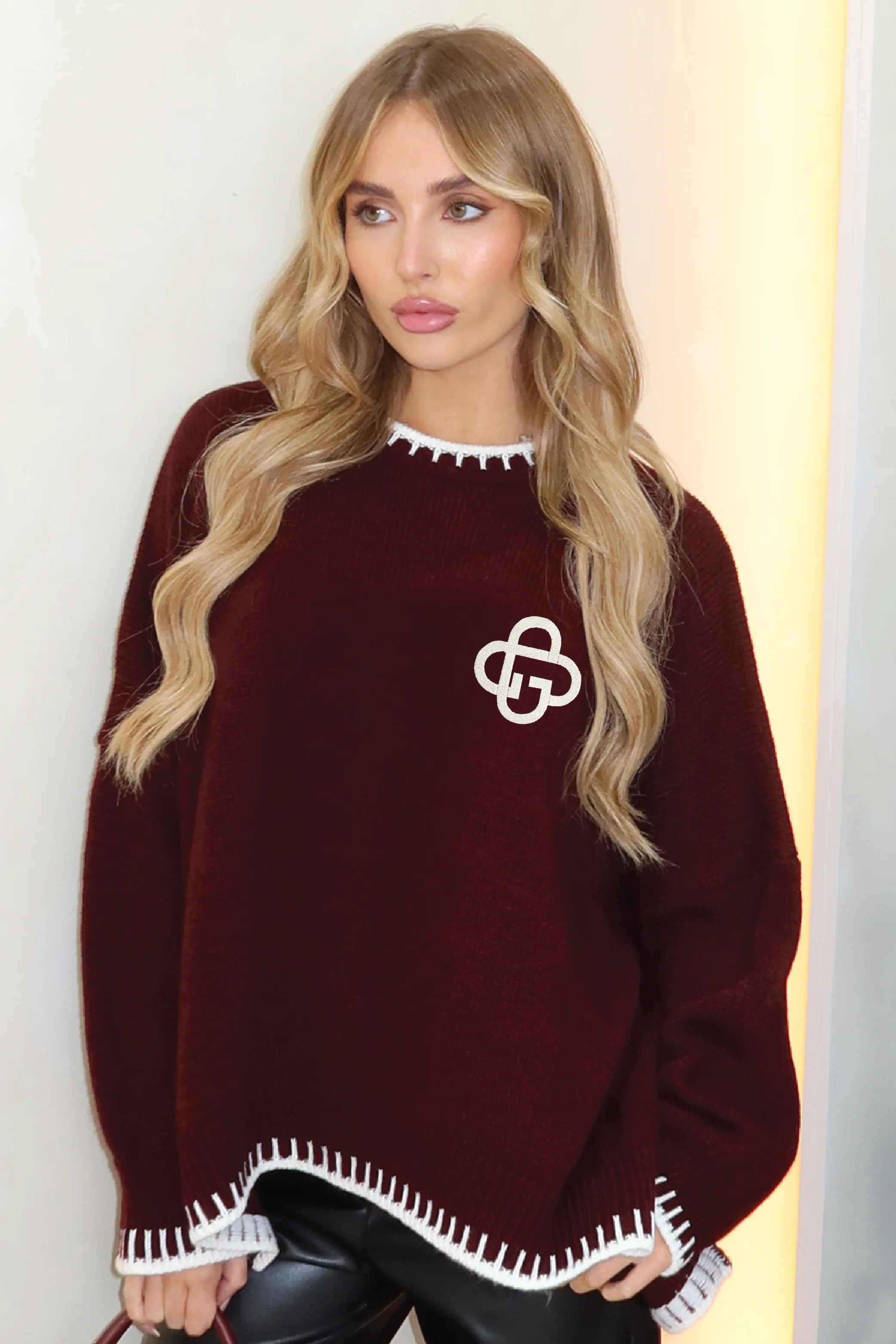 G Monogram Embroidered Burgundy Knit Jumper