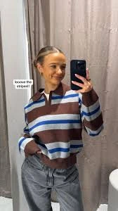 Simple Versatile Long-sleeved POLO Collar Striped Knitted Sweater Stylish Zara Sweat shirt Top💕        Sizes: S M L to fit XL
