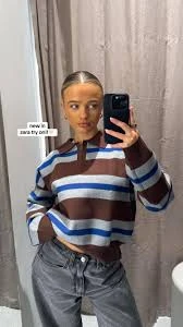 Simple Versatile Long-sleeved POLO Collar Striped Knitted Sweater Stylish Zara Sweat shirt Top💕        Sizes: S M L to fit XL