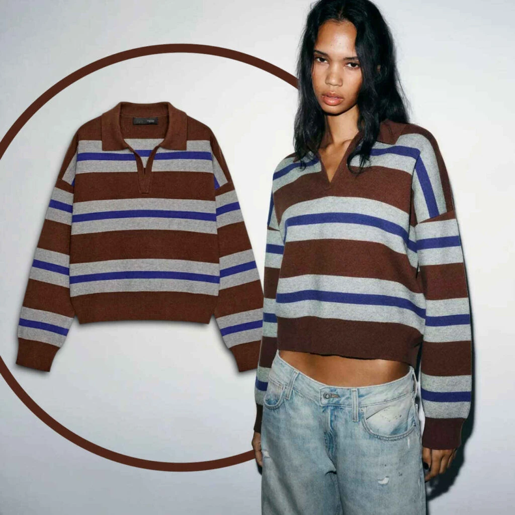 Simple Versatile Long-sleeved POLO Collar Striped Knitted Sweater Stylish Zara Sweat shirt Top💕        Sizes: S M L to fit XL