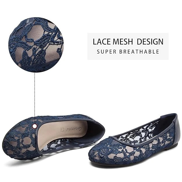 Greatonu Women Shoes Cut Out Slip On Navy Synthetic Loafers Lace Ballet Flats