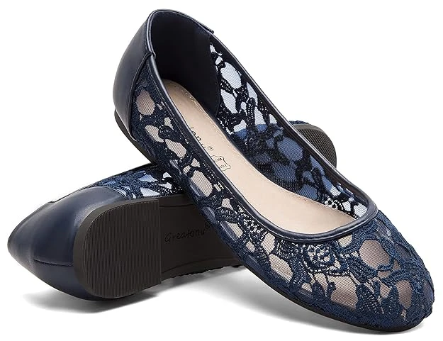 Greatonu Women Shoes Cut Out Slip On Navy Synthetic Loafers Lace Ballet Flats