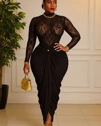 Women's Two Pieces Set Long Sleeve Lace Top and Skirt Set Trendy Africa Casual Plus Size Clothing Lacy Chic Turtle Neck top and Skirt