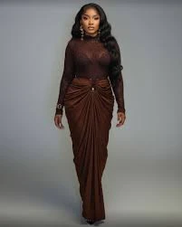 Women's Two Pieces Set Long Sleeve Lace Top and Skirt Set Trendy Africa Casual Plus Size Clothing Lacy Chic Turtle Neck top and Skirt