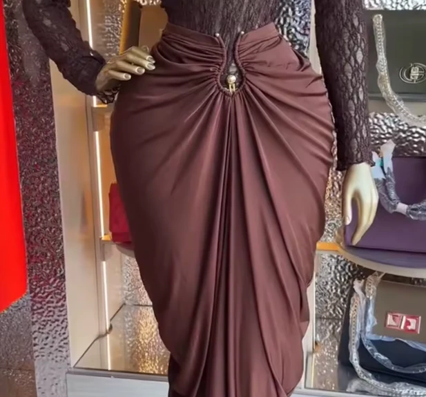 Women's Two Pieces Set Long Sleeve Lace Top and Skirt Set Trendy Africa Casual Plus Size Clothing Lacy Chic Turtle Neck top and Skirt