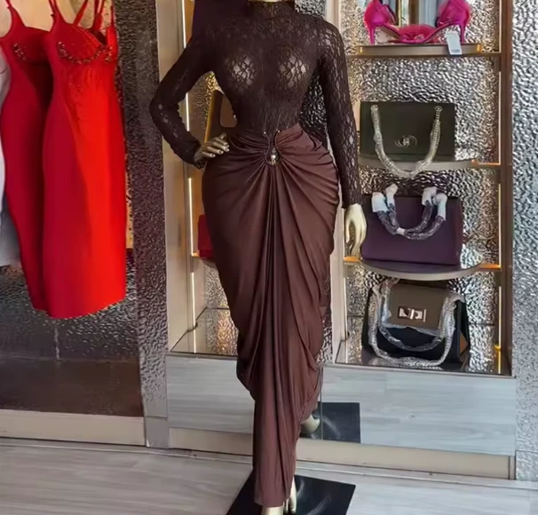 Women's Two Pieces Set Long Sleeve Lace Top and Skirt Set Trendy Africa Casual Plus Size Clothing Lacy Chic Turtle Neck top and Skirt