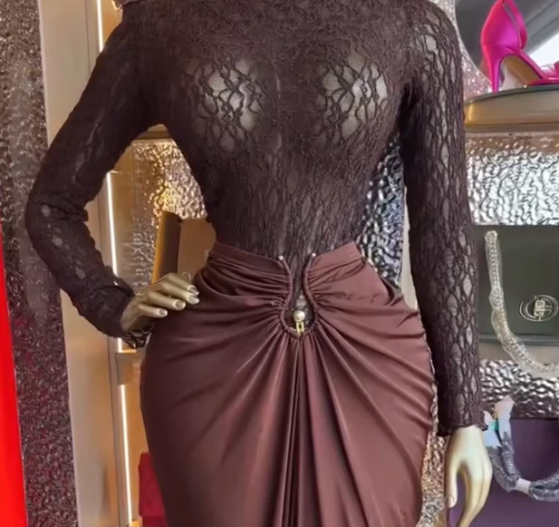 Women's Two Pieces Set Long Sleeve Lace Top and Skirt Set Trendy Africa Casual Plus Size Clothing Lacy Chic Turtle Neck top and Skirt