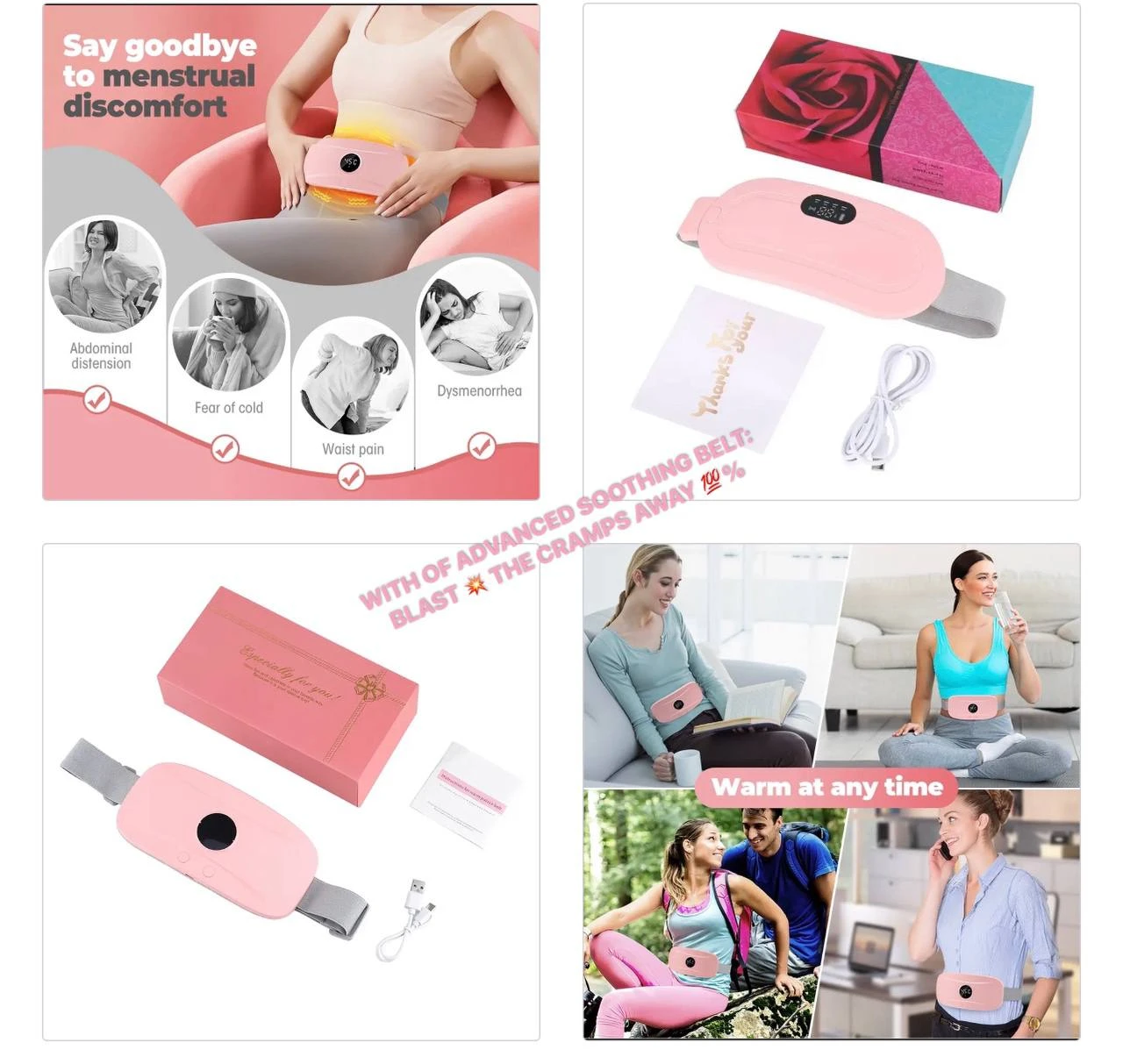 RECHARGEABLE MENSTRUATION CRAMP HEATING & VIBRATING SOOTHING BELT/MASSAGER