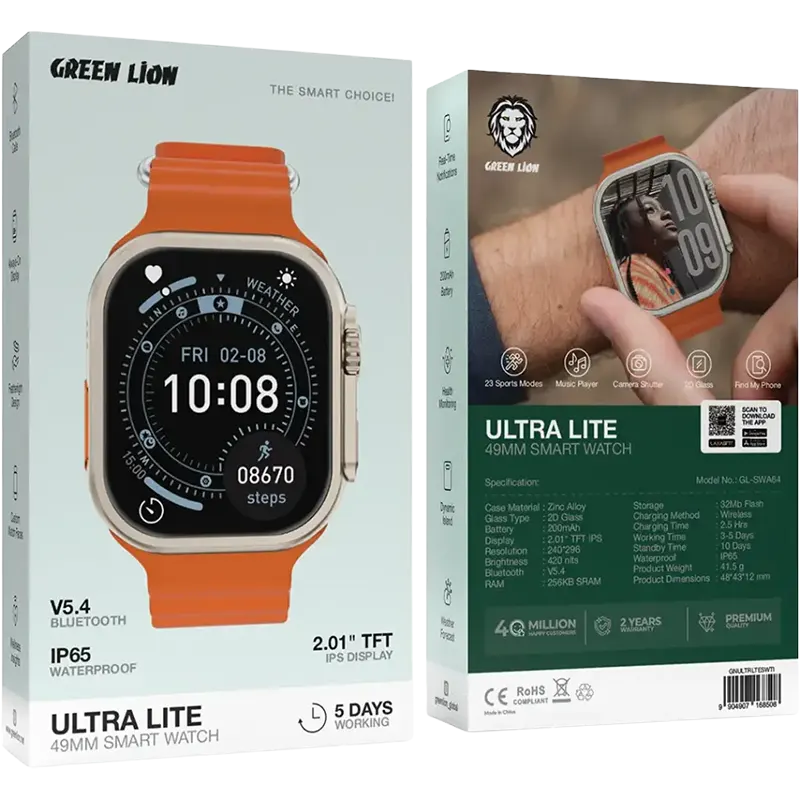 Green Lion Smartwatches (Ultra Lite and another model in black and orange)