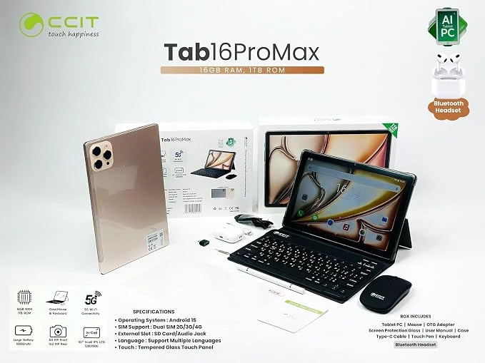 CCIT S16 Max Tablet – 10.1-inch Screen, 8GB RAM, 512GB Storage (With Cover, Keyboard, Mouse, Stylus)