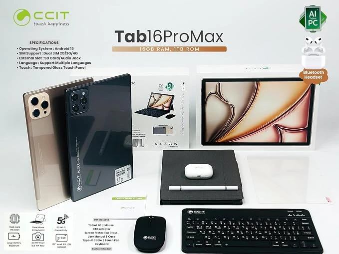 CCIT S16 Max Tablet – 10.1-inch Screen, 8GB RAM, 512GB Storage (With Cover, Keyboard, Mouse, Stylus)