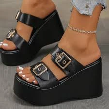 Women's Platform Thick Bottom Sandals, Black Thick Heel High Heel Beach Slippers, Double Layer Thick Bottom