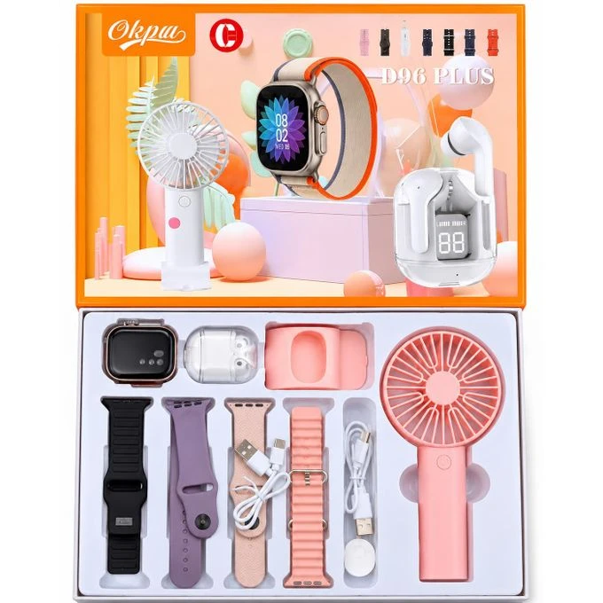D96PLUS SMART WATCH SET, EARPOD, SMART WATCH, 4STRAPS, HAND FAN