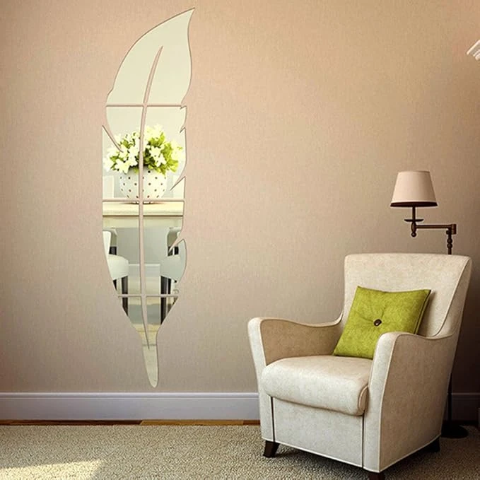 Feather Shaped DIY Acrylic Mirror Wall Decor Stickers - 3D Self-Adhesive Decals for Home Décor