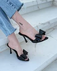 Black Patent Leather Bow Mule Heels, Open Toe Stiletto Slip-On Sandals for Women