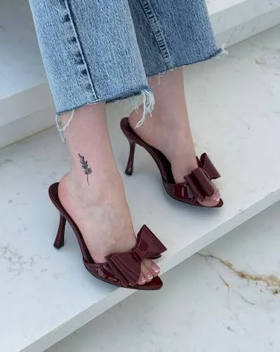 Black Patent Leather Bow Mule Heels, Open Toe Stiletto Slip-On Sandals for Women