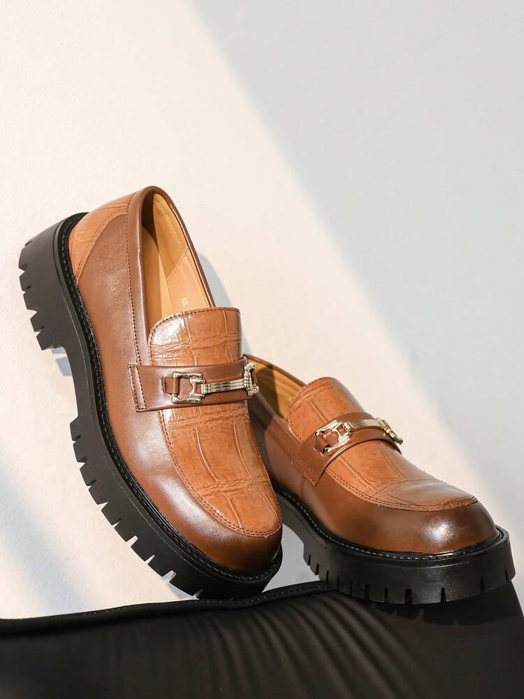 Horseshoe Buckle Slip-On Loafers with Thick Sole and Wide Toe Box, Low-Top Men's Shoes