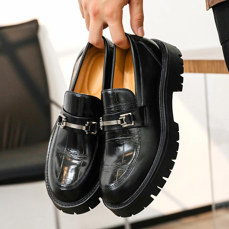 Horseshoe Buckle Slip-On Loafers with Thick Sole and Wide Toe Box, Low-Top Men's Shoes