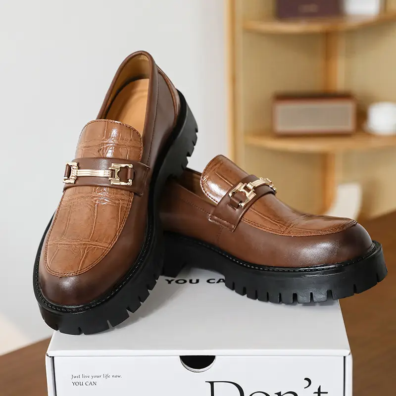 Horseshoe Buckle Slip-On Loafers with Thick Sole and Wide Toe Box, Low-Top Men's Shoes